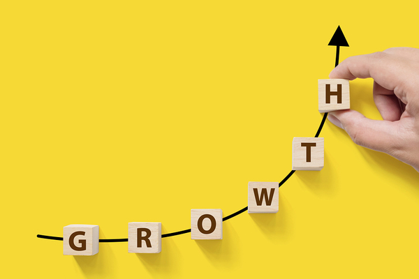 The word growth made with wooden lettered blocks in an upward angle.